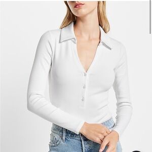 Express Ribbed V-Neck Long Sleeve Henley
Polo Bodysuit -white